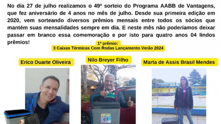 “AABB DE VANTAGENS” Sorteados de Julho 2024.