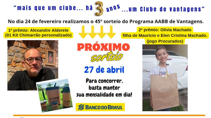 “AABB DE VANTAGENS” Sorteados de Março 2024.