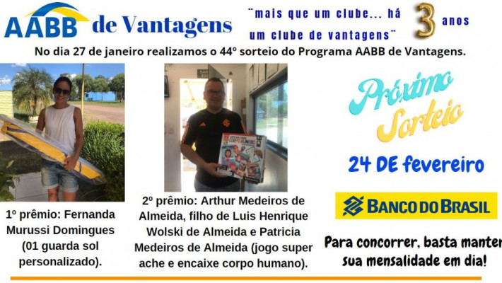 “AABB DE VANTAGENS” Sorteados de Janeiro 2024.