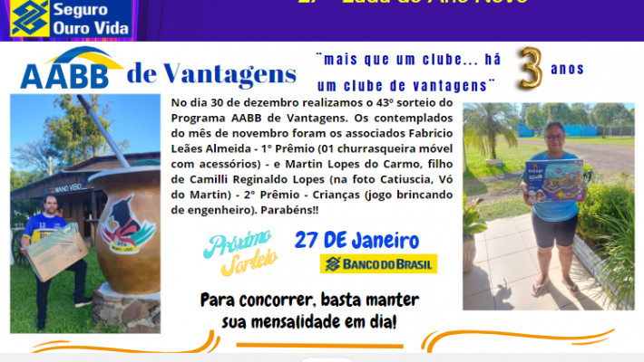 “AABB DE VANTAGENS” Sorteados de Dezembro.