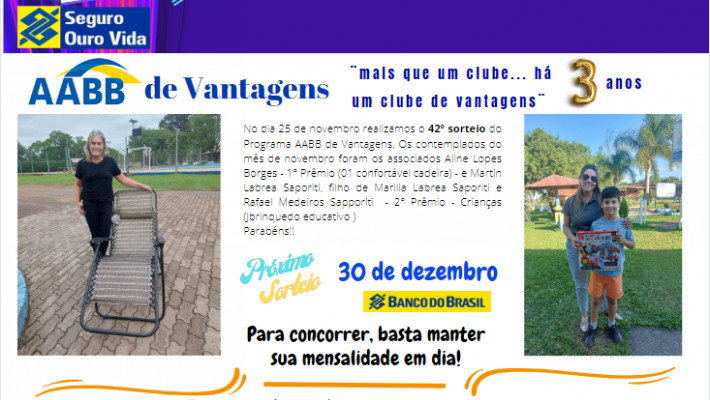 “AABB DE VANTAGENS” Sorteados do mês Novembro